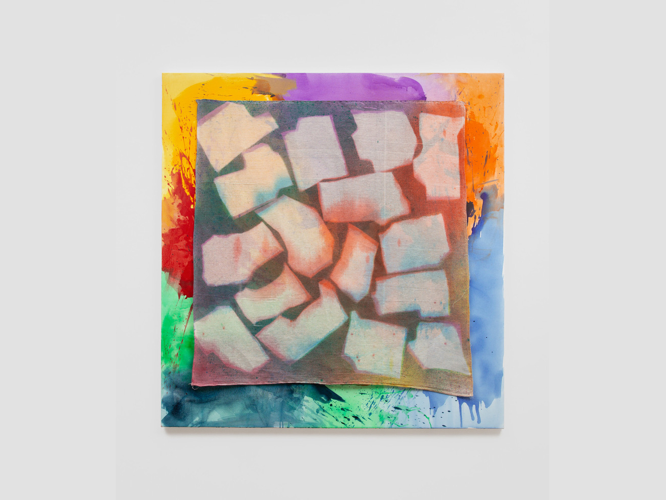 Rochelle Feinstein, "Someone Else’s Country," 2022. Acrylic, cotton drop cloth, rainbow thread, 60 × 58 inches.